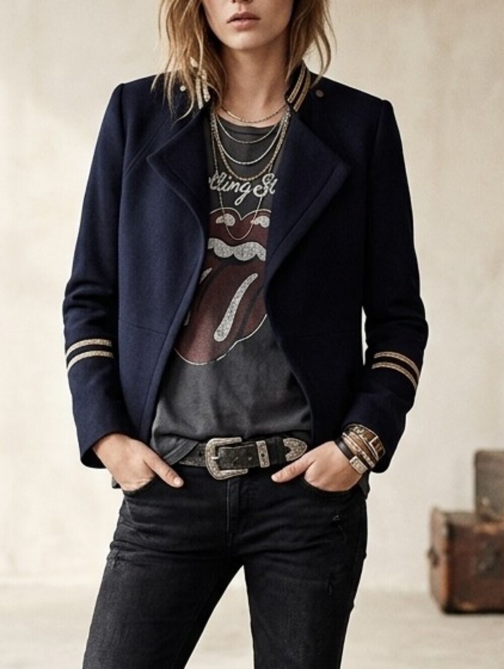 H&M Gisele Bündchen Military Wool Blend Asymmetrical Cropped Jacket Blue Gold 8